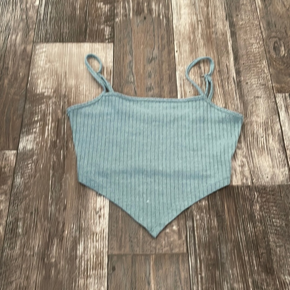 Turquoise triangle shaped crop top.